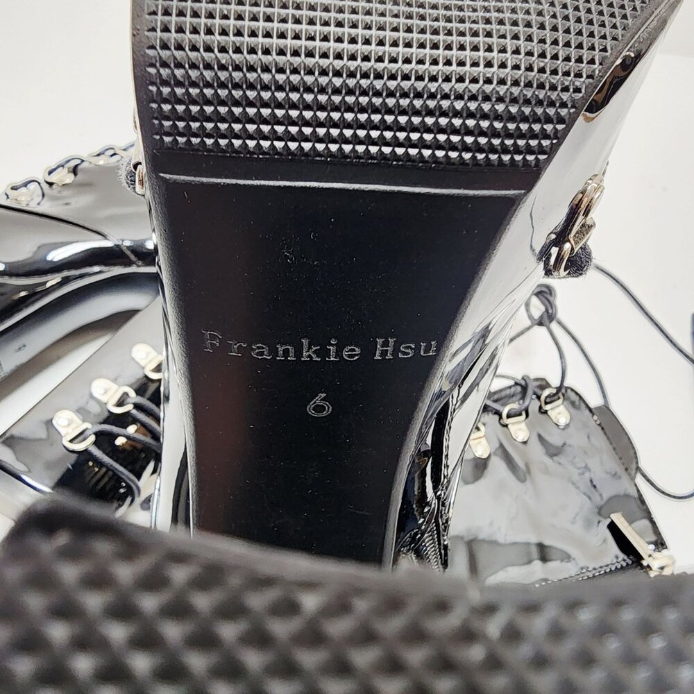 Black Leather Knee-High Lace-Up Platform Boots 6 Frankie Hsu Gothic side Zipper - Picture 2 of 9